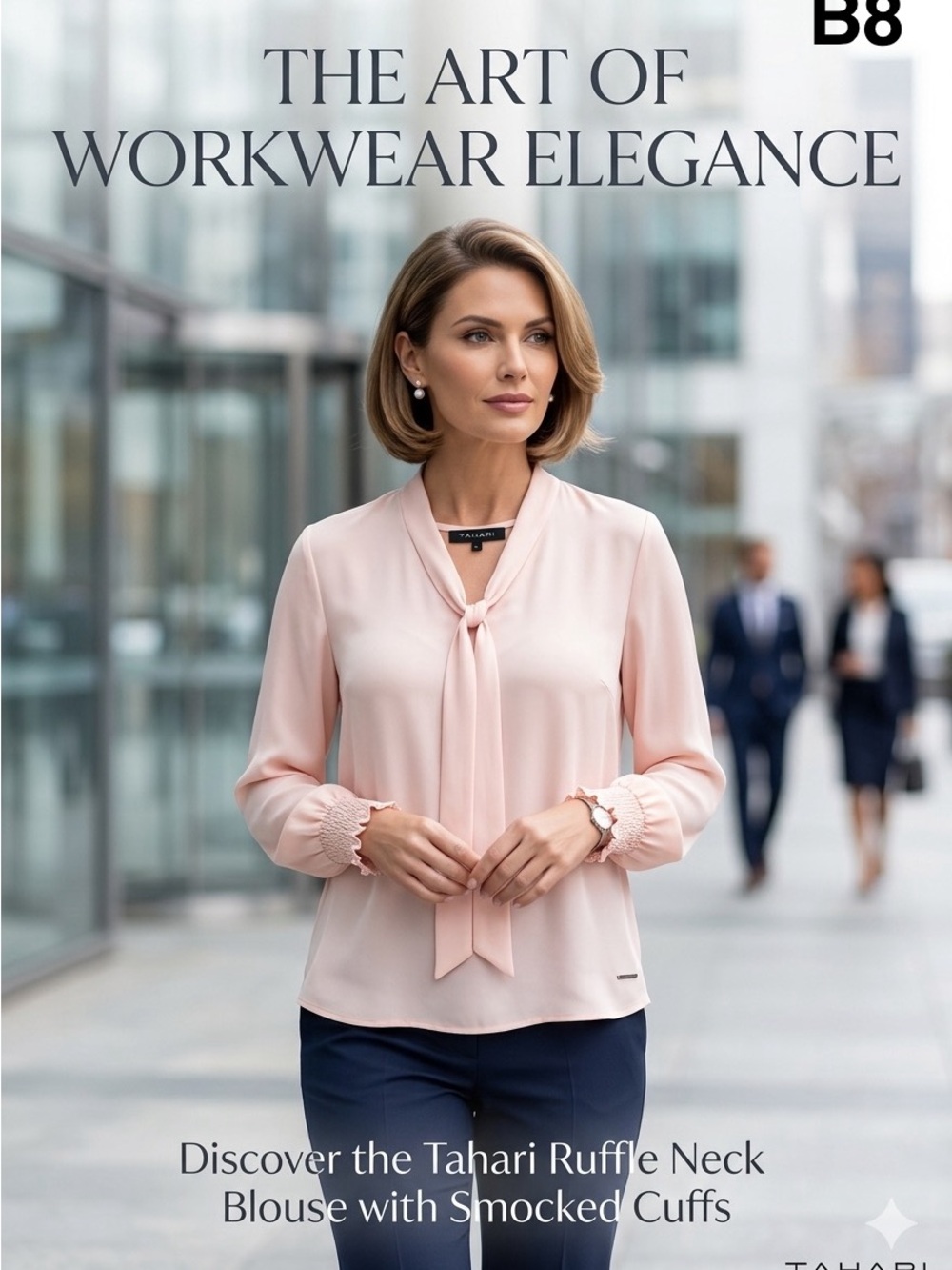 Tahari Pink Ruffle Neck Blouse with Smocked Cuffs